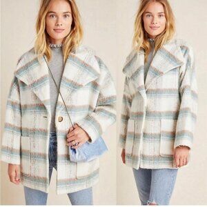 Anthropologie Elsa Cream Blue Plaid Fuzzy Oversized Coat Size Medium